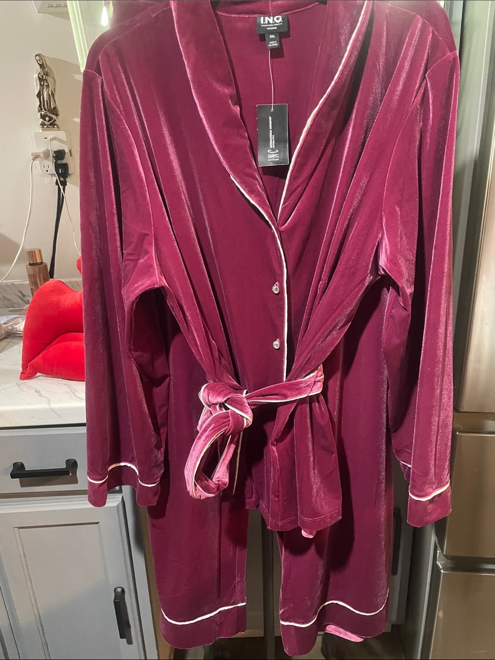 Velvet Satin-Trim Robe - Burgundy